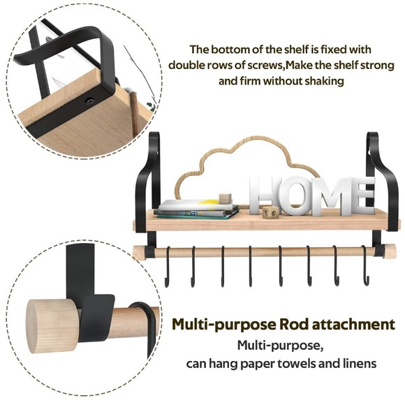 Set of 2 Rustic Wood Wall Storage Shelves + Hooks - Picture 3 of 7